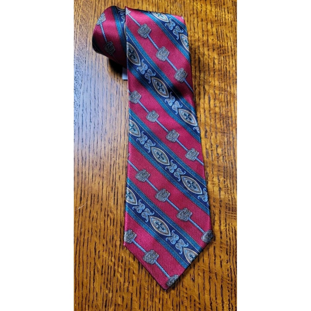 ITALIAN Tie Silk Red Green & Gold Stripes formed by Objects in Complex Patterns